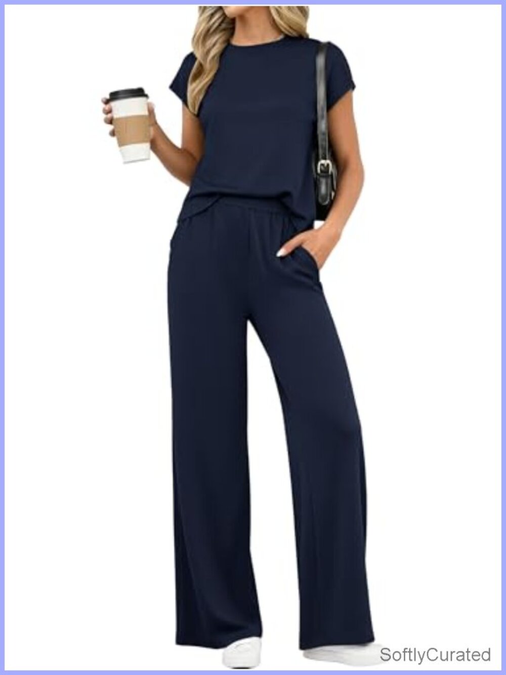 2 Piece Lounge Set Cap Sleeve Top Wide Leg Pants Travel Outfit